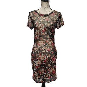 Y2K Mesh Sheer Dark Floral Mini Dress Small Dark Fairy Grunge Bodycon - Layering